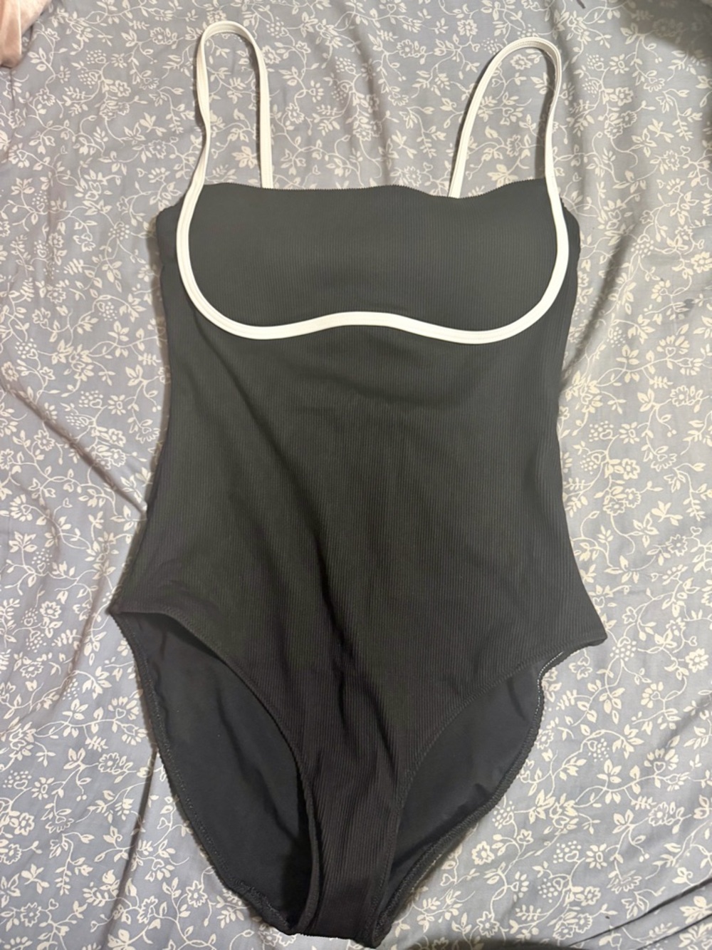 aerie Black One-Piece Swimsuit with White Trim